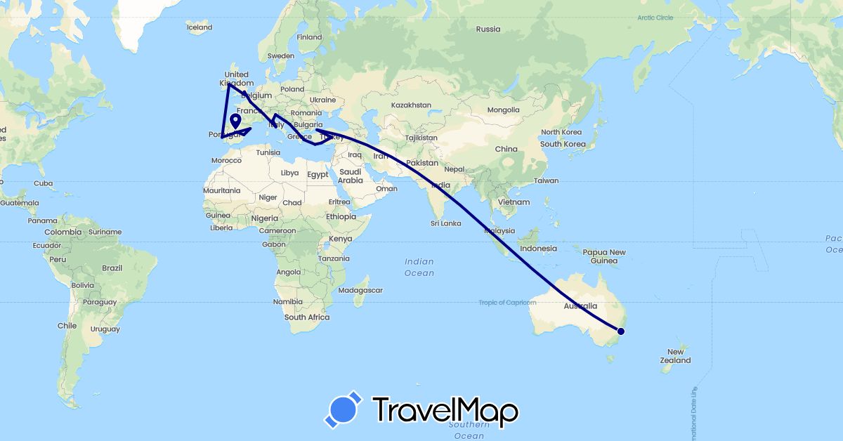 TravelMap itinerary: driving in Australia, Spain, France, United Kingdom, Greece, Croatia, Ireland, Italy, Portugal, Turkey (Asia, Europe, Oceania)